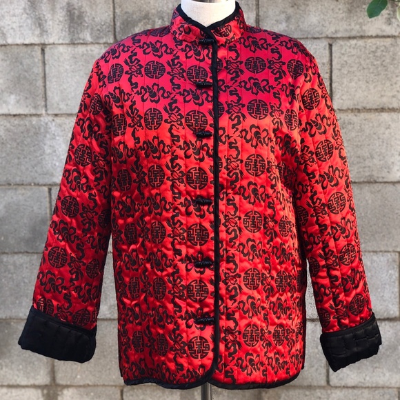 Vintage Womens Red Black Quilted Asian Jacket
